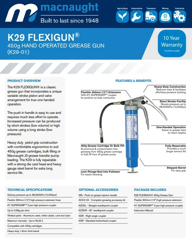 MACNAUGHT 450G CARTRIDGE PISTOL GRIP GREASE GUN K29-01 - Image 2