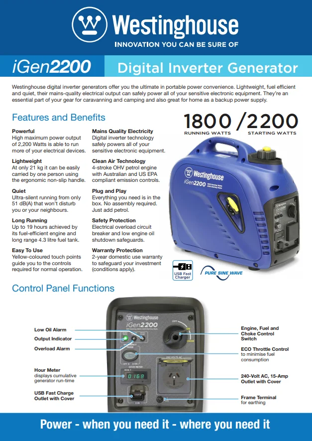 2.2kVA Westinghouse iGen2200 Generator - Image 6