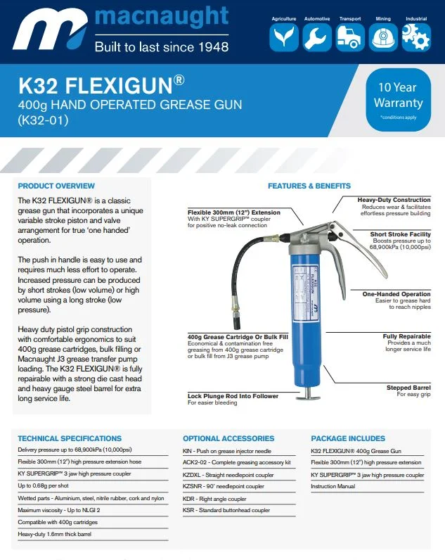 MACNAUGHT 400G CARTRIDGE PISTOL GRIP GREASE GUN K32-01 - Image 3