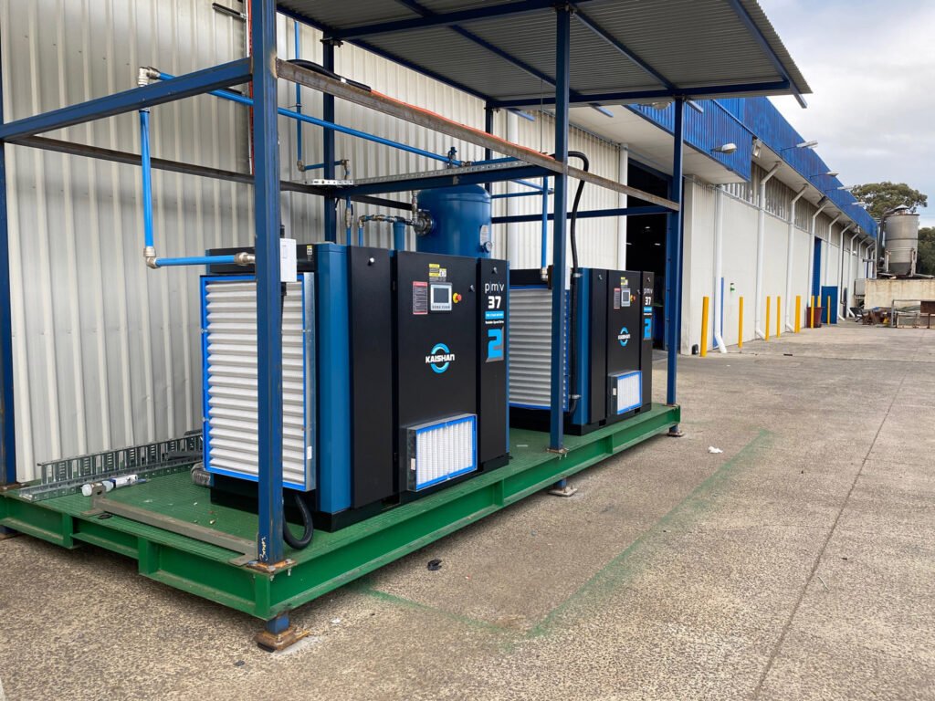 These two 37kW 2-Stage Variable Speed Drive Permanent Magnet Compressors are complete with 40mm aluminium pipework and were installed ready to go for a large recycling plant based in Melbourne.