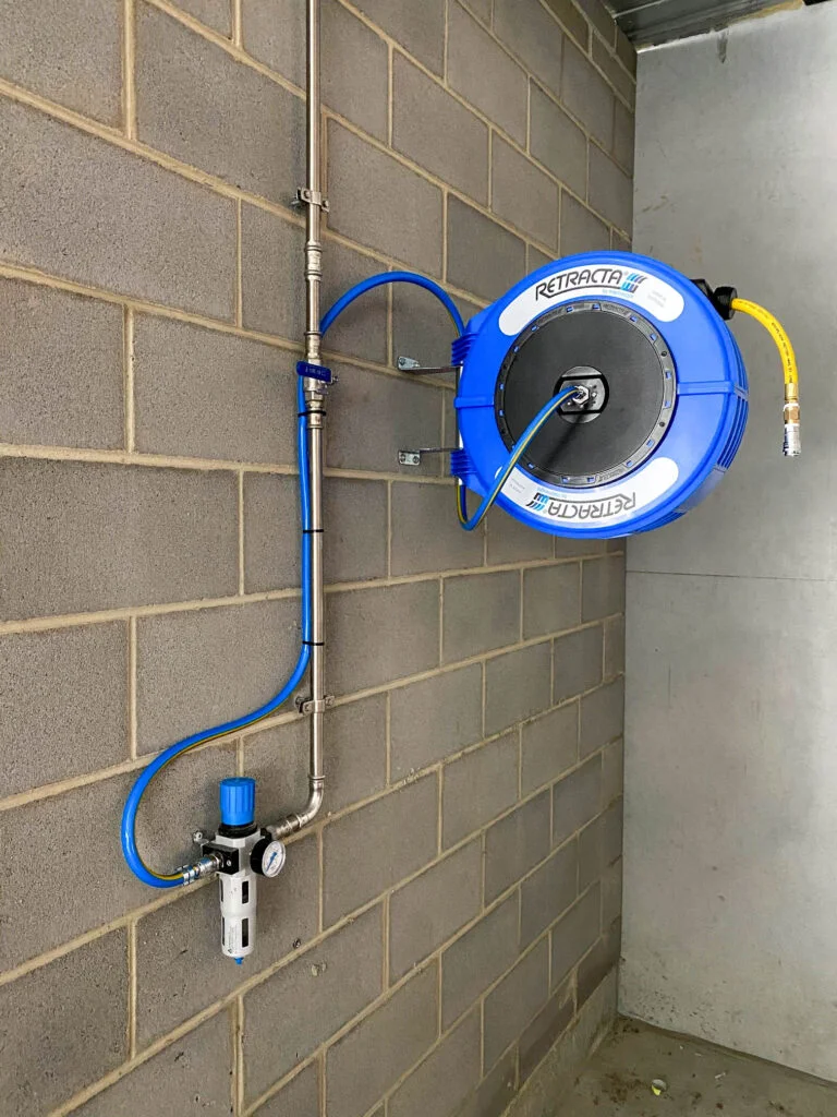 Complete Compressed Air Sysem with Macnaught Retracta air hose reels and Walker Filtration filter regulators.